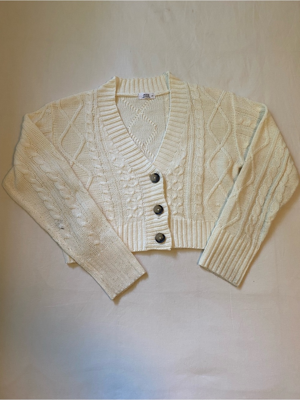 Ardene Cropped Cable Knit Cardigan - Cream Size L